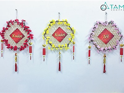 Vòng hoa treo cửa Tết Handmade mành tre lục giác ĐK 40cm T-VTC-12